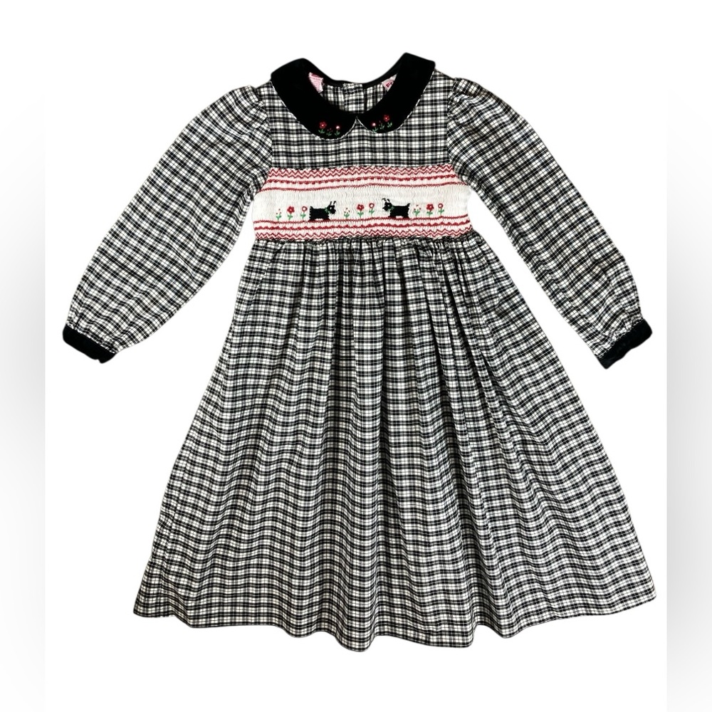 90s Scotty Dog Dress Girls Size 6 Smocked Black White Checkered Classic